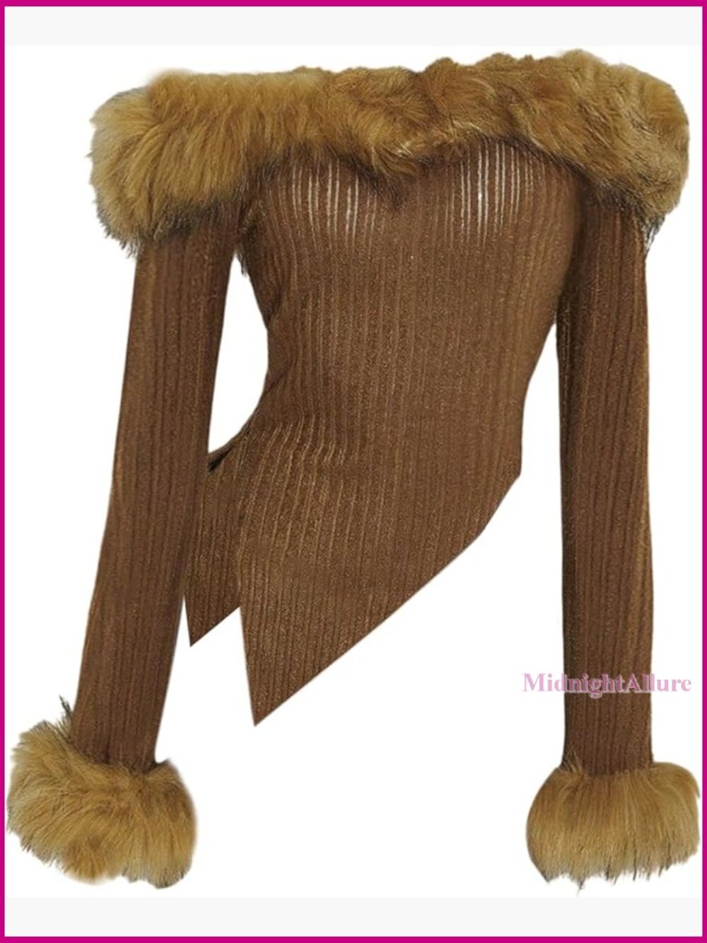 Fuzzy Off Shoulder Long Sleeve T-Shirt Y2K Asymmetrical Knit Top